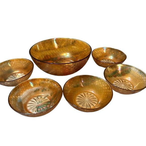 Vintage Carnival Glass Marigold Basketweave Iridescent Set of 6 Bowls - Picture 1 of 5